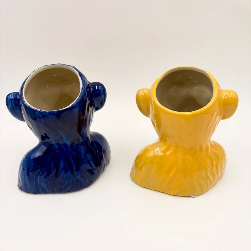 Ceramic Monkey Bust Planter Vase Set Blue‎ and Yellow Glossy Glaze Primate Decor